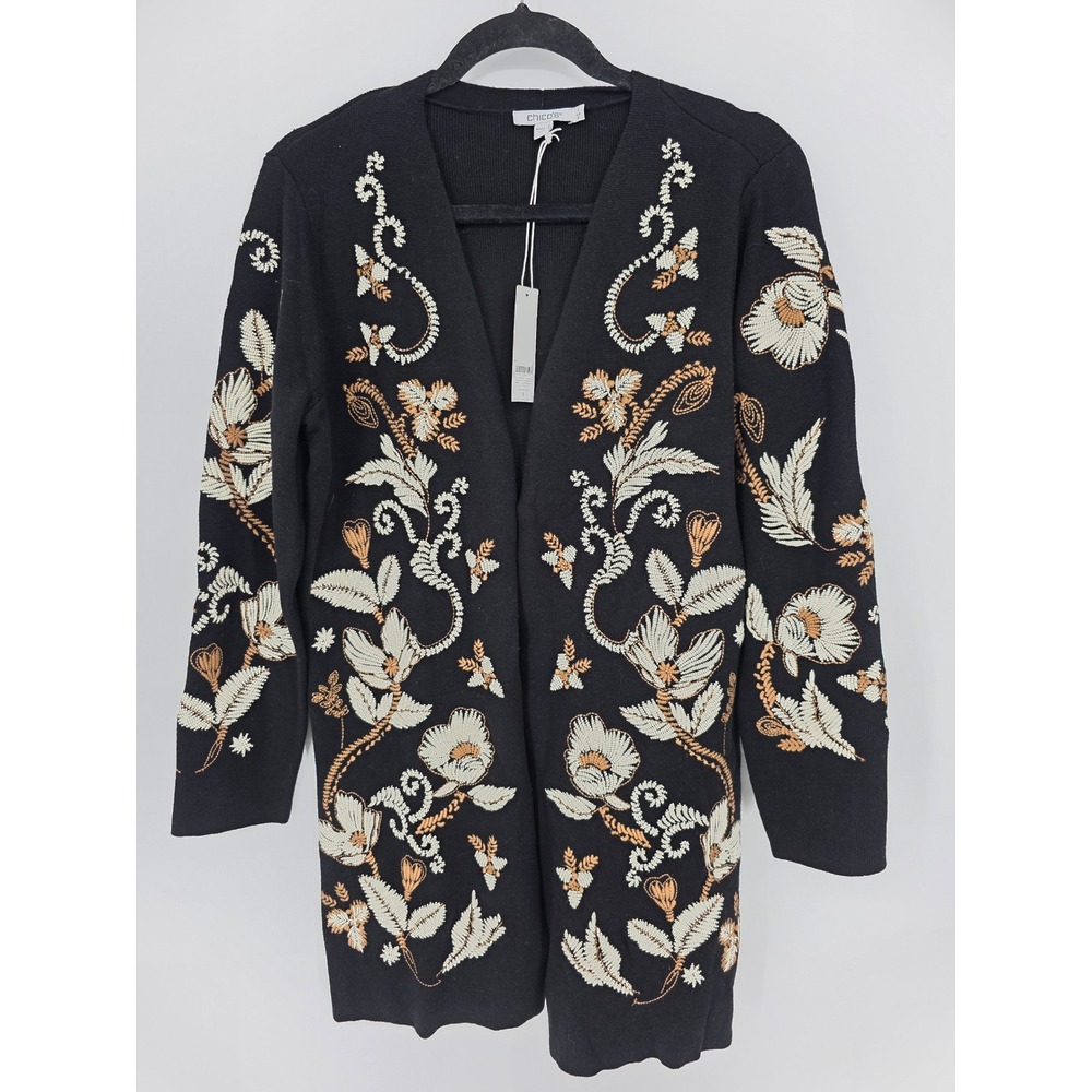 Chico's‎ Global Fusion Cardigan Sweater Black Floral Embroidered NEW Size 1 Med